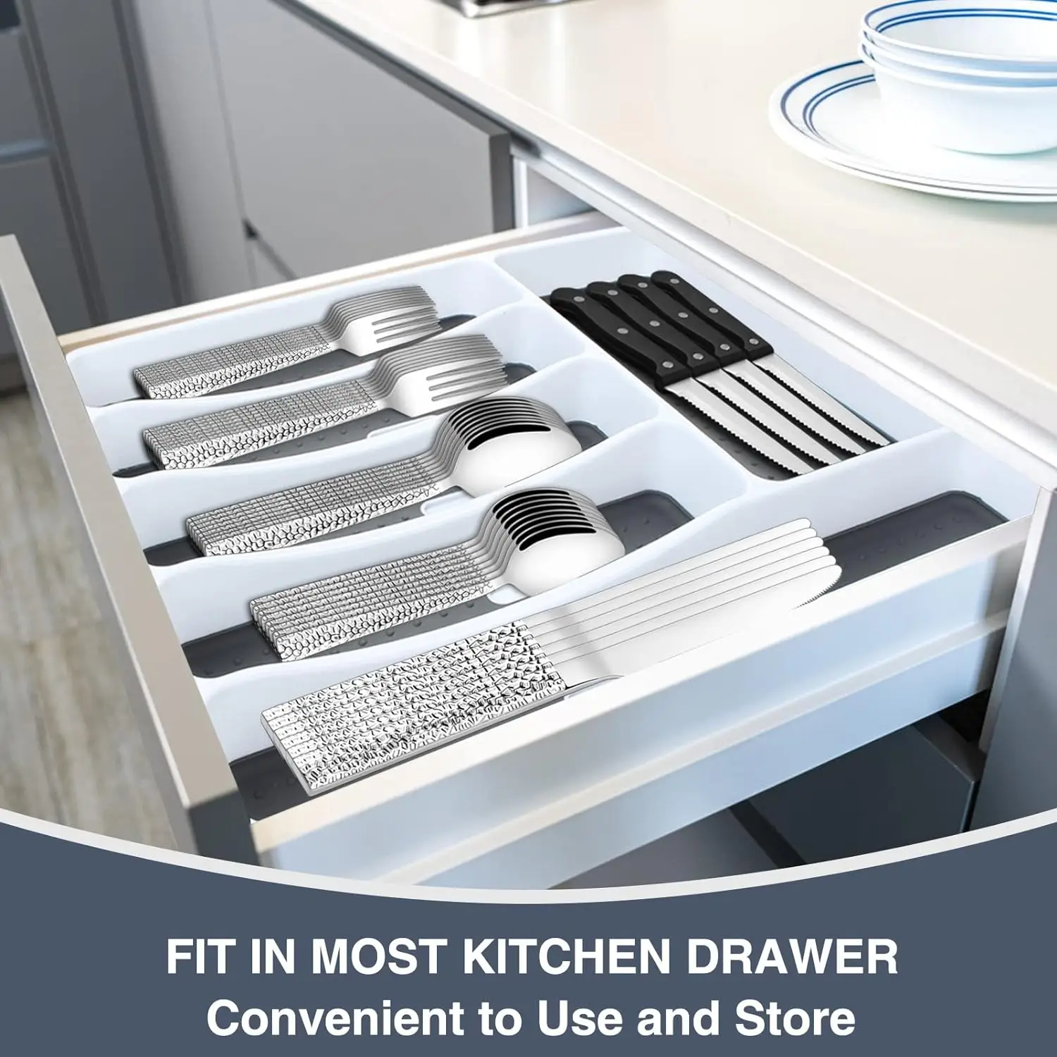 Silverware Set with Organizer, 49 Piece Stainless Steel Hammered Flatware Set for 8, Eating Utensil Sets with Steak knives
