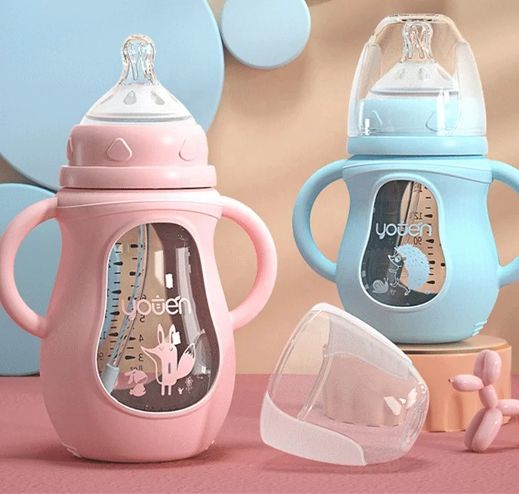 Newborn Baby Wide Mouth Glass Baby Feeding Bottle With Straw Silicone Anti-Drop Sleeve