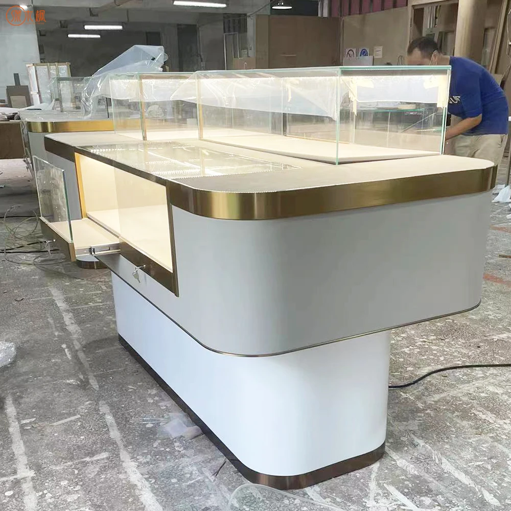 Luxury Gold Store Jewelry Display Cabinet Shopping Mall Free Standing Pedestal Jewelry Store Showcase Counter Design