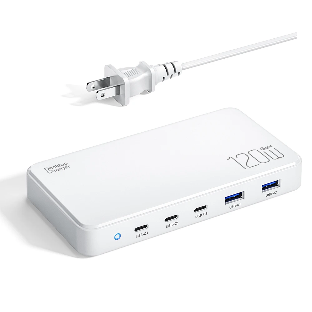 2023 Top Selling Product GaN 120W 5 Ports Fast Charging Station Single Type-C 100W Power Adapter Desktop Charger