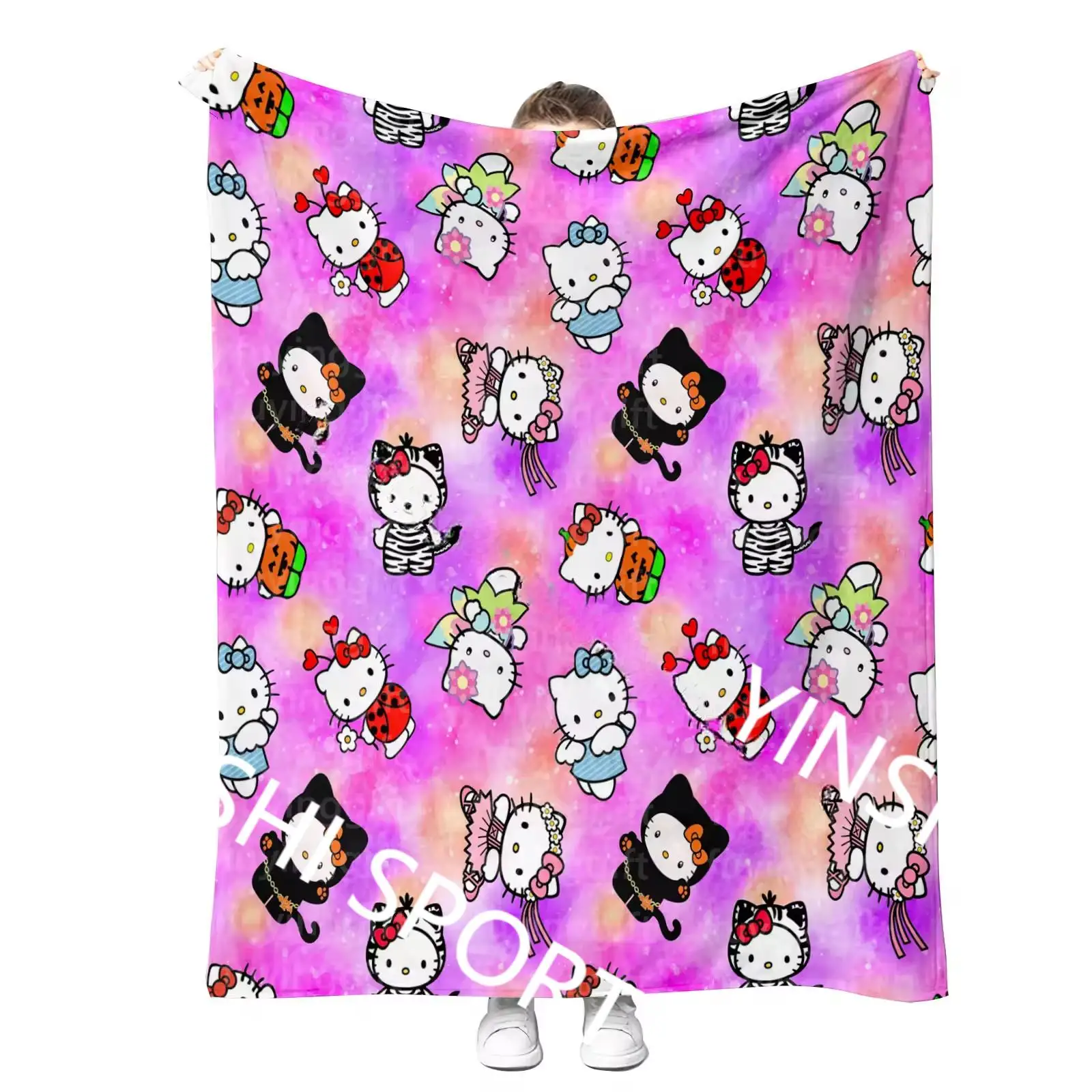 YINSHI 340 Grams Wholesales Customization Printed Halloween Kids Cartoon Kawaii Hk Kt cat Mummy King Size Cozy Throw Blankets