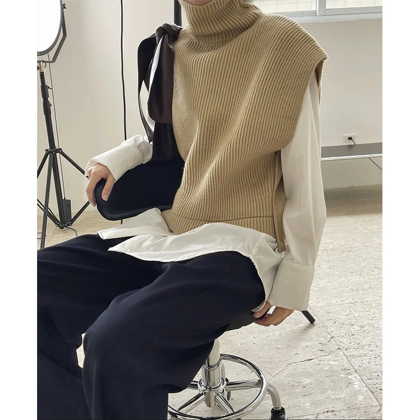 Autumn Winter Korean Style Wide-shouldered Lady Sweater Vest for Women Sleeveless