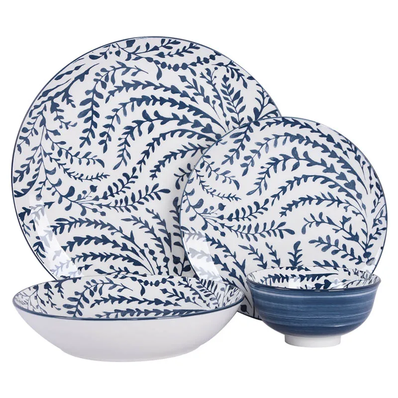  Hot sale high-end blue patterned leaves support custom printed ceramic modern porcelain luxury