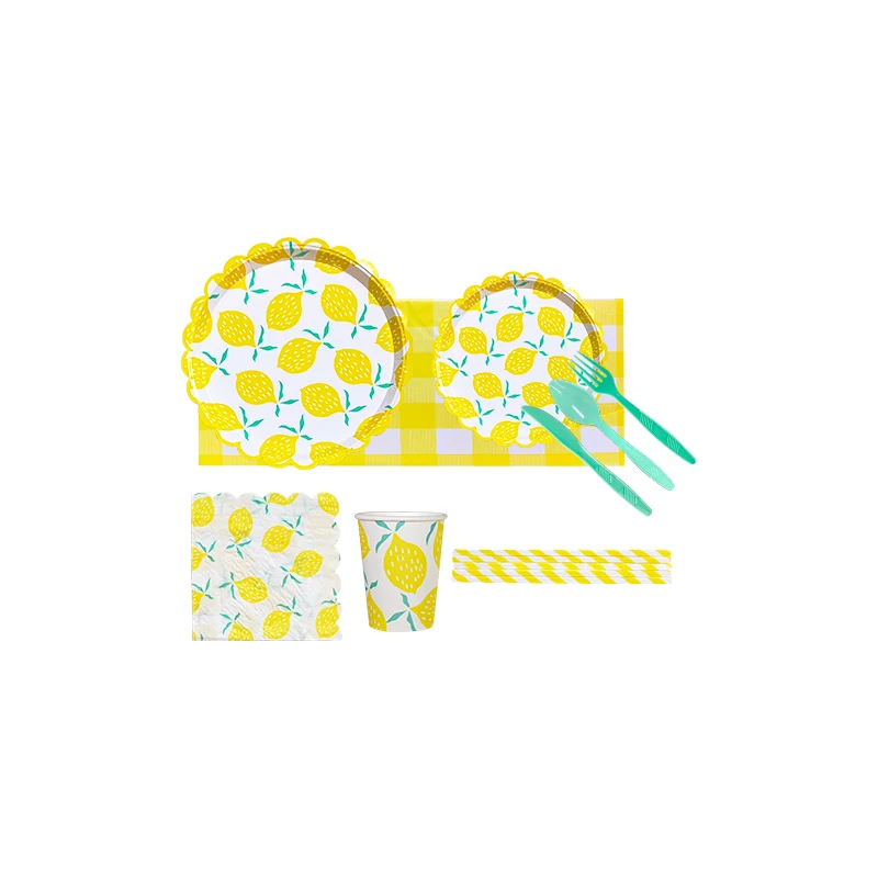 Partybus Yellow Lemon Pattern Paper Plates Cups Napkins and Cutlery Disposable Complete Tea Party Tableware Set