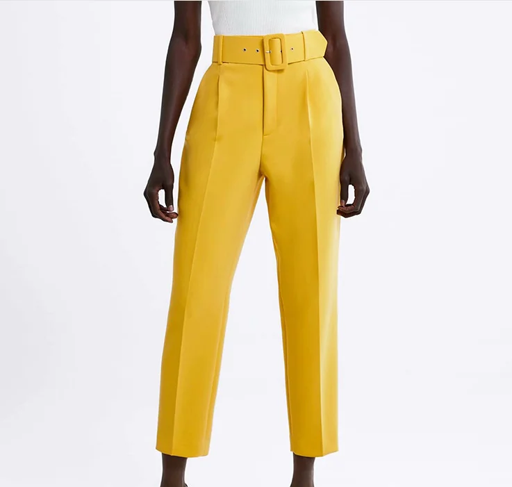 fashion ankle length woman straight trousers woman high rise belted pants