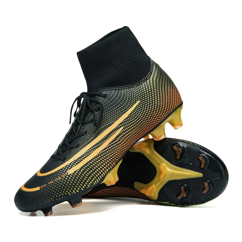 
 Новые мужские футбольные бутсы с высоким голенищем, дышащие кроссовки, футбольные бутсы от производителя, черные, золотые  