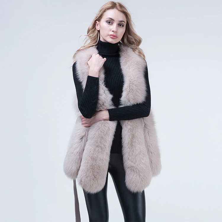 Janefur Fur Gilet Real Fox Fur Vest with Leather Belt Winter Fur Vest for Women