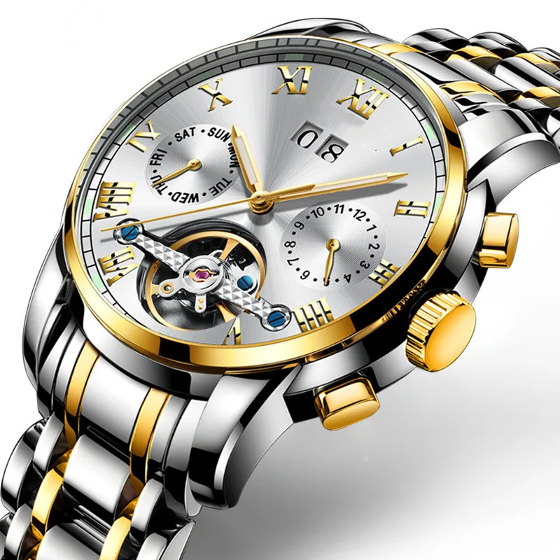 
Swiss mens watches business automatic skeleton tourbillon stainless steel relojes 