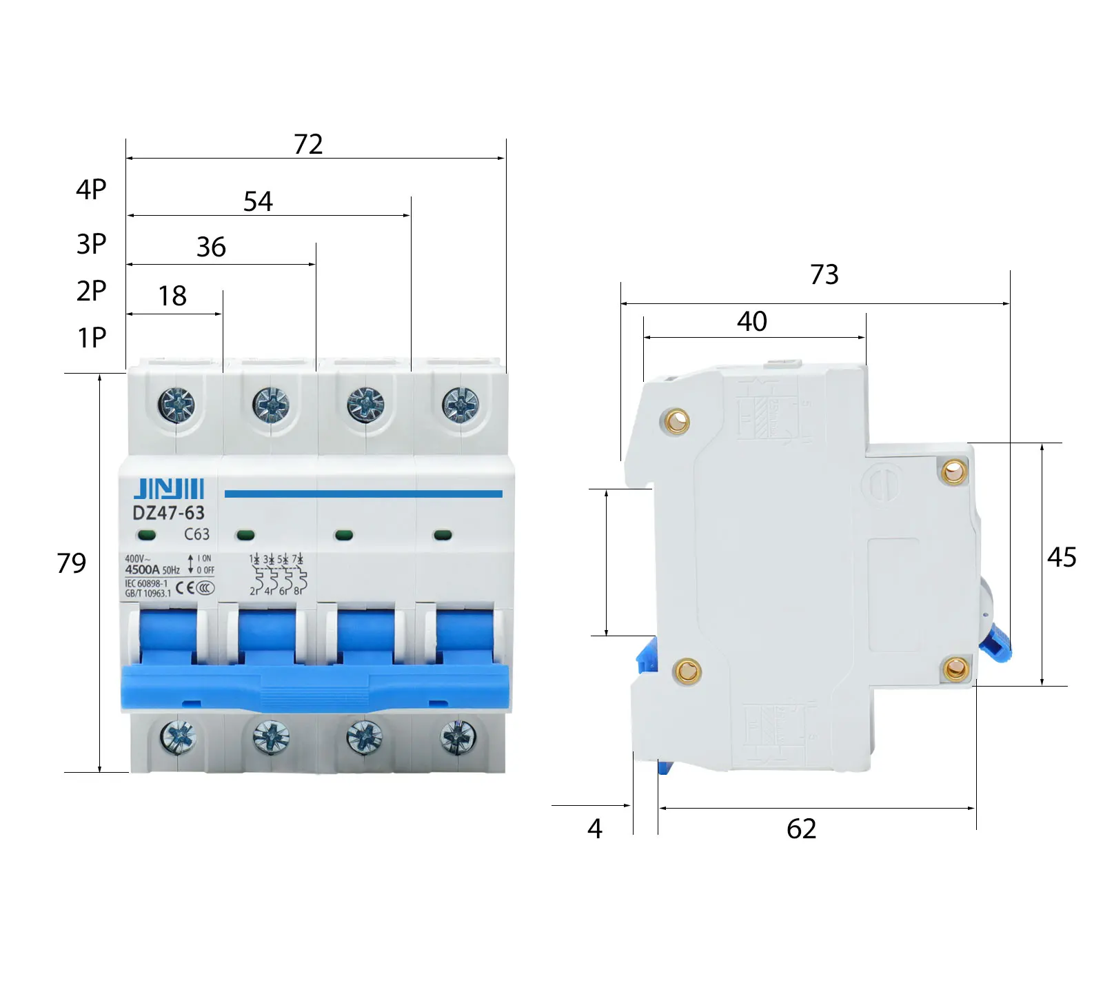 DZ47 Model 16A 20A 63Amp 1P 2P 3P 4P Mini Electric MCB DC AC Circuit Breaker Types