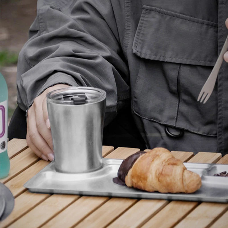 Retro Design 304 Stainless Steel Breakfast Set Party Snack Divide Plate Ice Cream Camping Drink Water Mug Cup