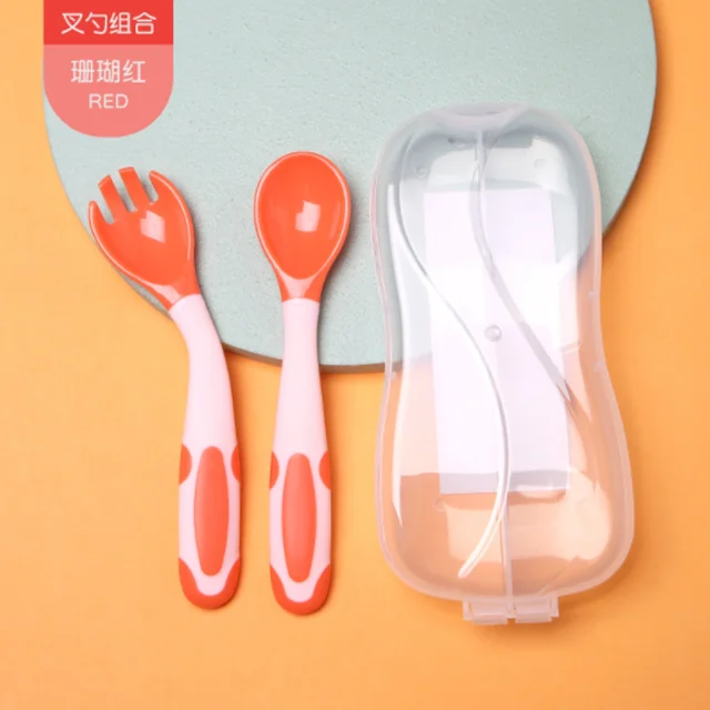 Easy Grip Heat-resistant Bendable Soft Perfect Self Feeding Learning Training Baby Utensils Fork Spoons with Travel Safe Case