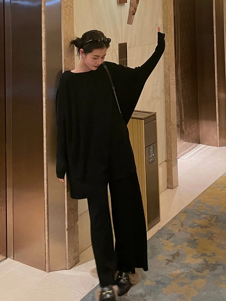 Relaxed and plaid Two Piece Sweater New Lazy Knitted Sweater High Waist Casual Wide Leg Pants Suit