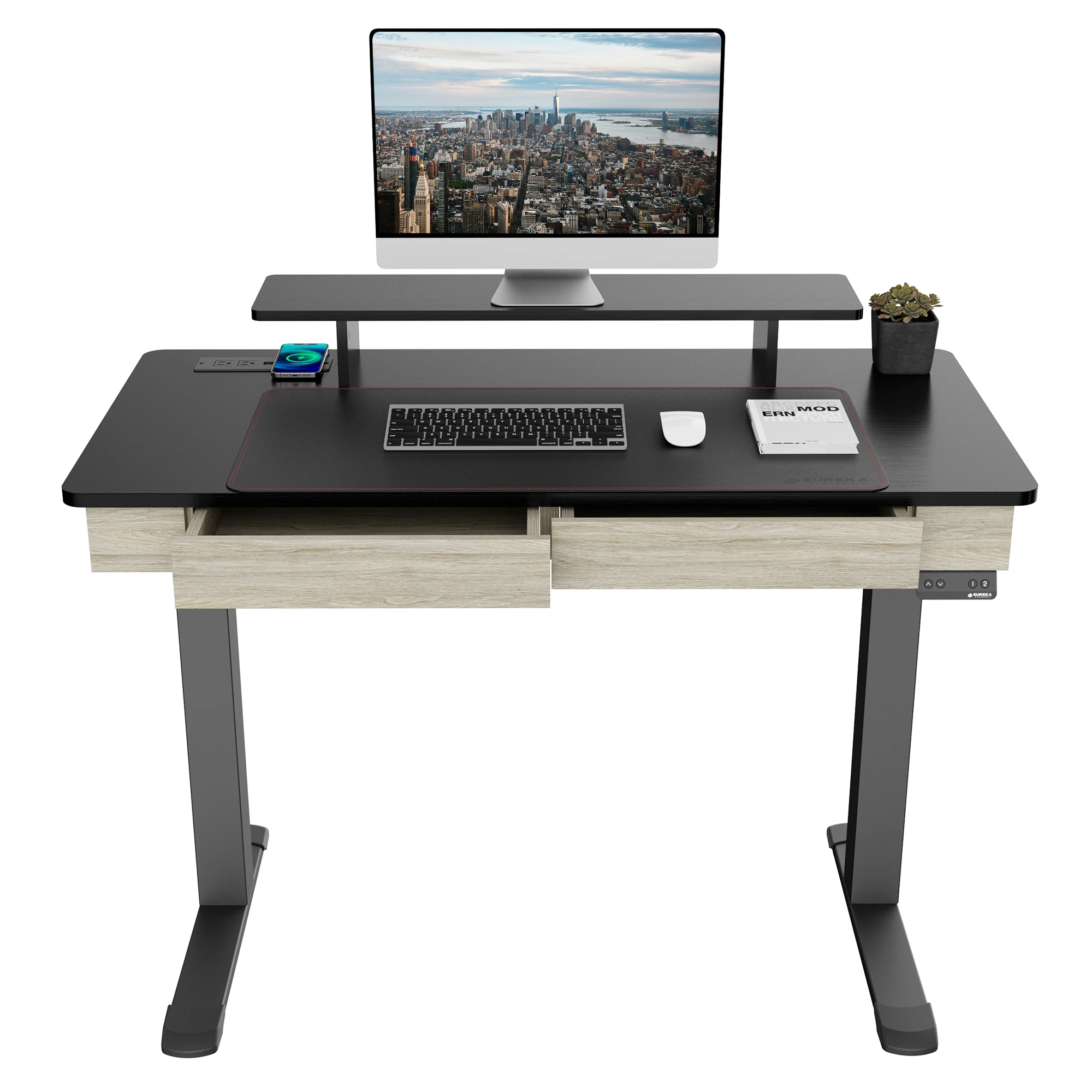 Стол компьютерный Электрический с выдвижными ящиками регулируемый по высоте двумя двигателями 47 дюймов подставкой для монитора кожаным ковриком мыши и розетками