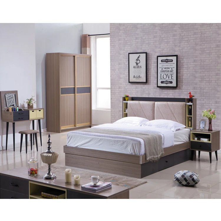 Competitive price MDF Wood Double Bed Design With Box
