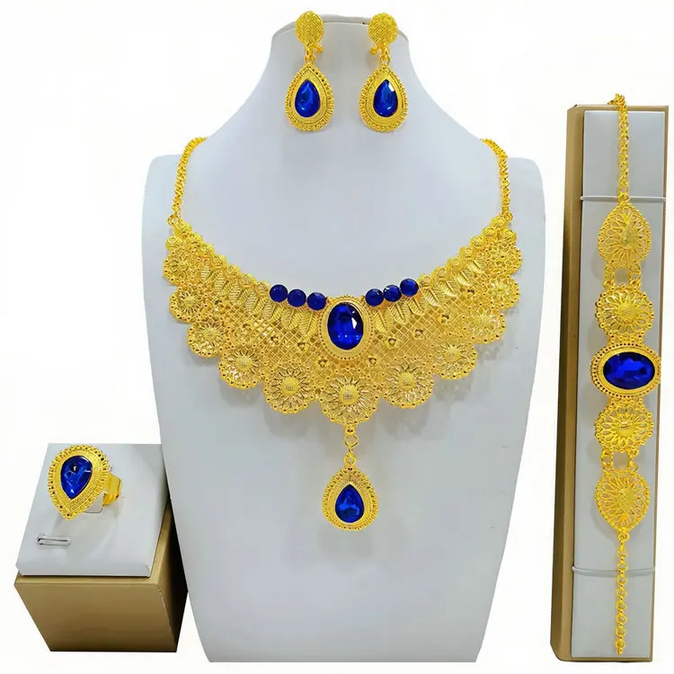 New Bridal Jewelry sets Dubai 24K gold plated African wedding wife gifts necklace bracelet earrings ring jewellery set women