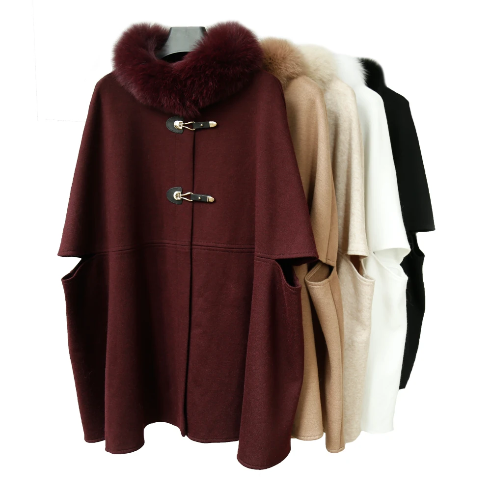 Wholesale Attractive Wool Blended Cape 2 Buckle Closed Cape With Real Fox Fur Collar