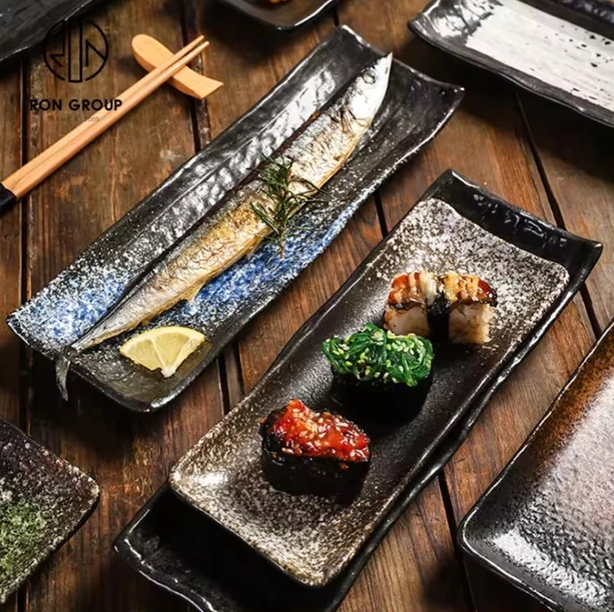 High Quality Luxury Porcelain Rectangular Sushi Tray Japanese Style Unique Color Sushi Restaurant Big Long Boat Ceramic Plates