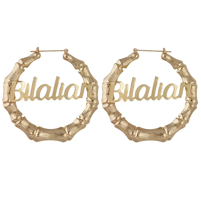  14 K Gold Plated Customized Alloy Metal Geometric Hoop Hip Hop Bamboo Knots Letters Earrings For
