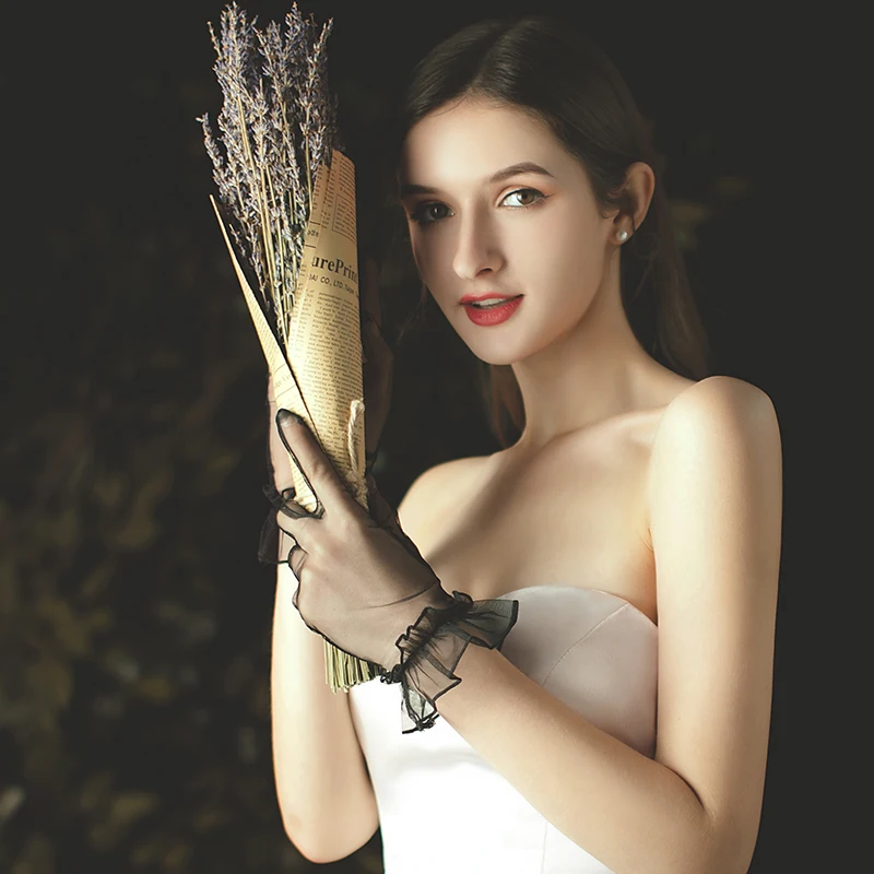 
G9836M2 Ladies Fashion White Short Bridal Wrist Length Wedding Hand Gloves lace glove dress gloves 