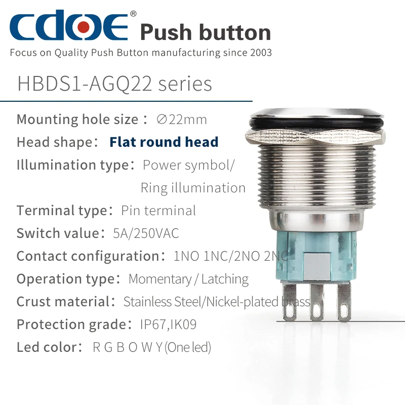 waterproof ip67 1no1nc 2no2nc momentary pin terminal Metal button  round Power switch with light