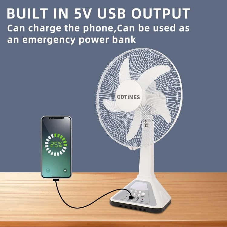 GDTIMES Hot selling Solar charging table rechargeable fan 14 inch Solar fan with  USB Charger solar panel and bulbs