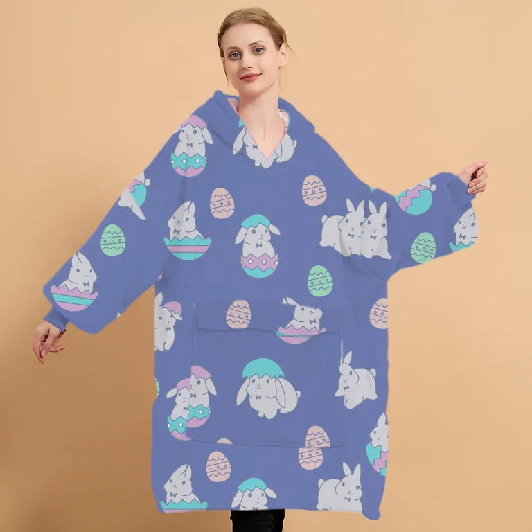 Customized Easter Rabbit Pattern Design Sherpa Cozy Soft Warm Oversized Hoody Wearable Pullover Hoodie Blanket With Hoods