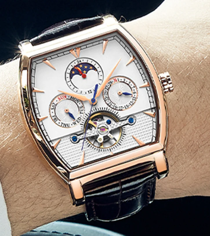 Brown cow leather strap complete calendar barrel shape men mechanical automatic watch