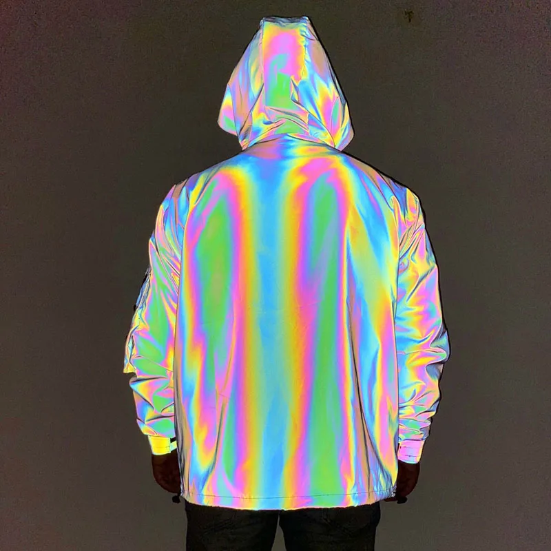 men blank silver gray zipper up hi viz hip hop light reflective waterproof windbreak hooded jacket coat windbreaker pullover
