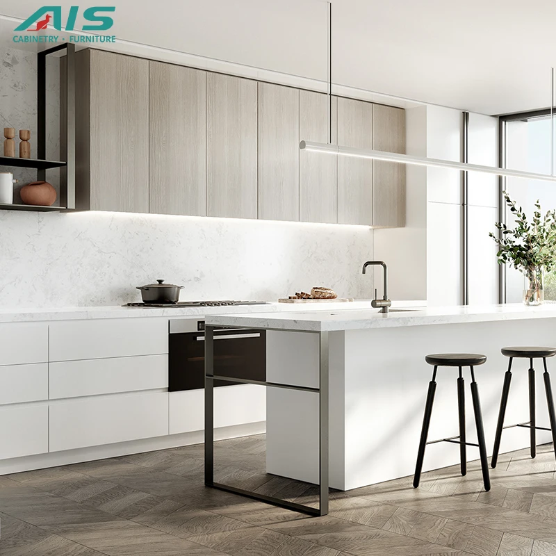 Ais European Style Custom Light Brown Melamine Smart Normal Size Frame Vibrating Screen Kitchen Cabinets In House