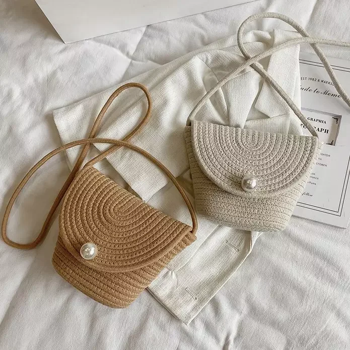 New Fashion Lady Hand Woven Bucket Bag with Pearl Decoration Retro Natural Color Women Messenger Bag