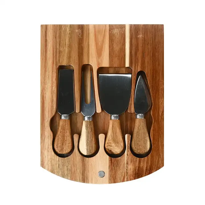 Acacia Wood Cheese Board Set with Slate Round Charcuterie Board Cheese Serving Platter with Slide-Out Drawer