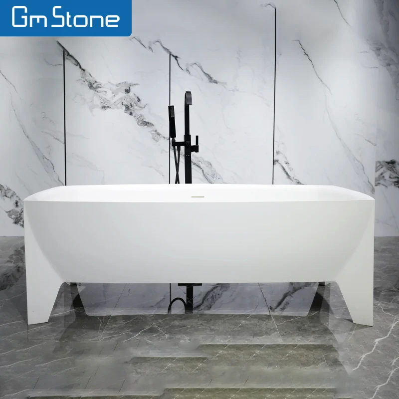 Modern Luxury Adult Resin Hot Tubs White Acrylic Quadrangle Design with Drainer Soaking Bathtubs Hotels-Made Artificial Stone