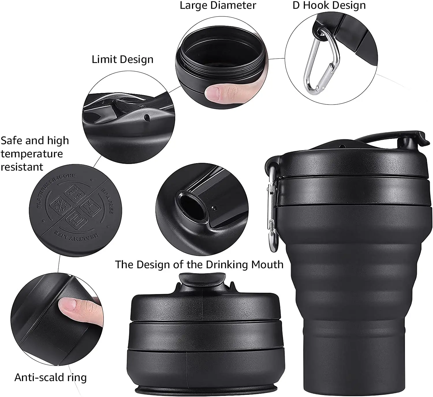 Collapsible Coffee Cup 16 OZ 480ml Silicone Folding Camping Cup Leak Proof BPA Free Portable Cup Travel Mug with Lids for Hiking