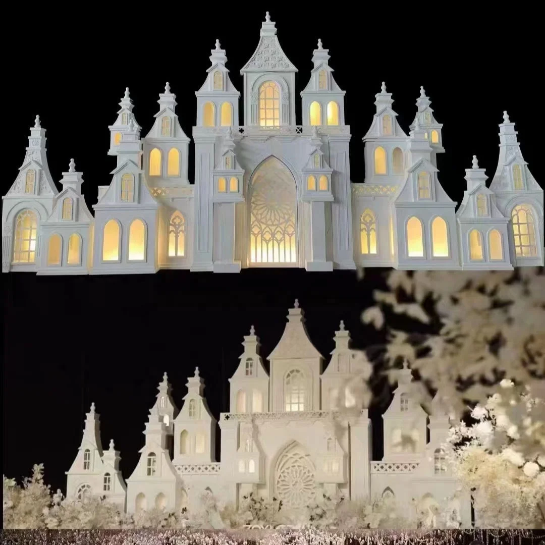 2024 UAE Dubai Style Woody Wedding Castle with Light Wedding Decoration Stage Backdrop Banquet hall Wedding Prop Castle