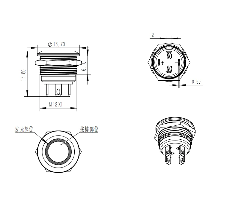 Momentary tact switch 12MM  Metal Push button 6V 12V unlocked switches with ring LED