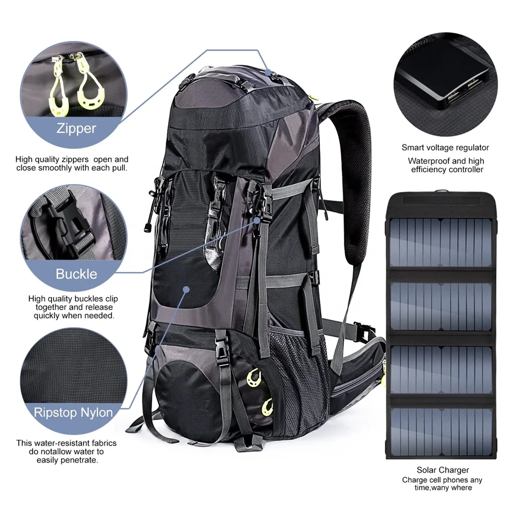 Solar Backpack Hiking 70L Large Capacity with 20W Solar Panel Charging for Phones Waterproof Rucksack for Climbing and Camping