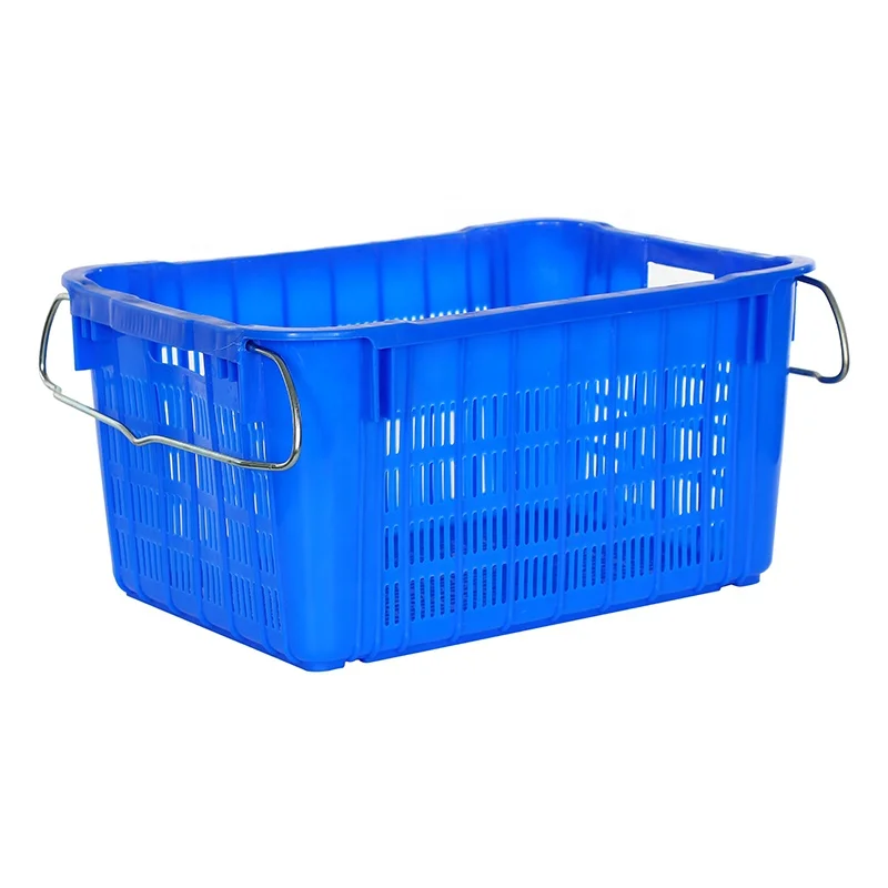 Large Heavy Duty HDPE Stackable Nestable Fruits and Vegetables Harvest Storage Moving Basket Plastic Crate with steel handle