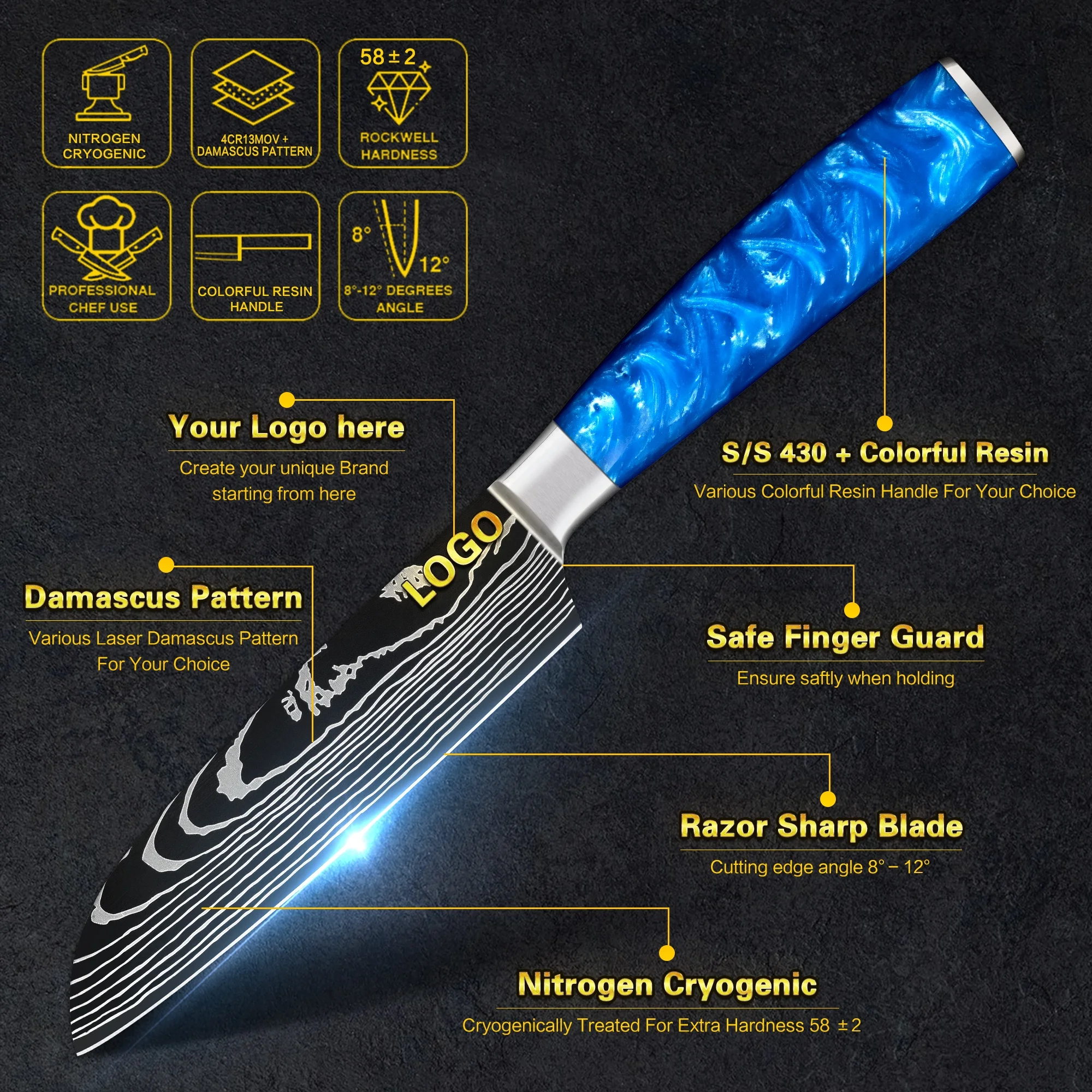 Free Shipping 5 inch Damascus steak knives mini Santoku knife steak for restaurant Sapphire blue resin handle