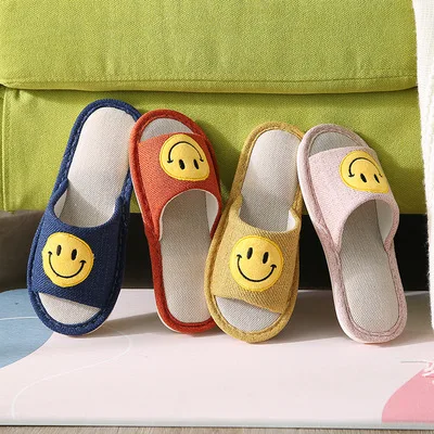 
Wholesale unisex linen happy face slippers breathable comfortable for spring 