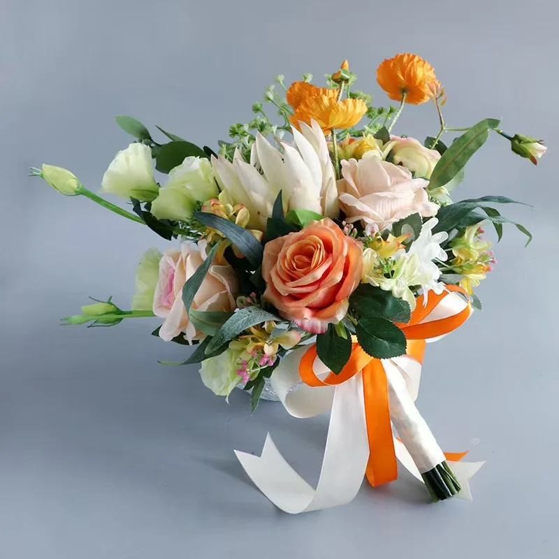 European Style Orange Silk Rose Bouquet Simulated Camellia Bride Holding Artificial Flower White Ranunculus Photography Props