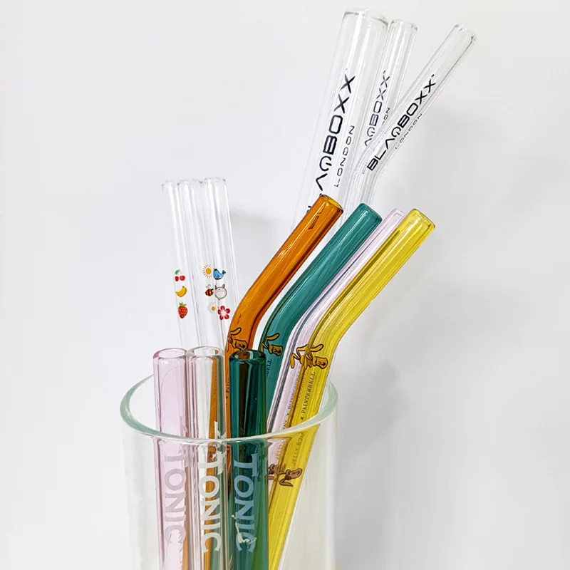 Colorful 7.9in x 8mm Design Reusable Glass Straws Cute Fruit Party Favors Decorations Summer Beach Birthday Bar Accessories