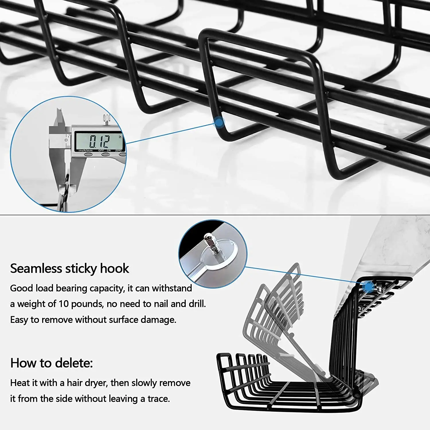 Storage Baskets Black Rack Holder Mesh Home Office Table Organizer Metal Wire Tray Under Desk Cable Management Storage Baskets
