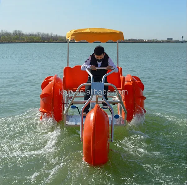 Outdoor PE material double water tricycle sports amusement equipment 3 big wheels with pedal boat awning amusement park sea
