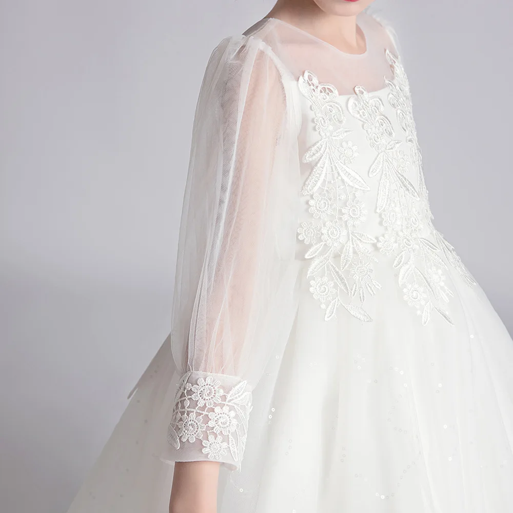 White flower girls birthday party long sleeve embroidery lace piano performance puffy tulle princess dress