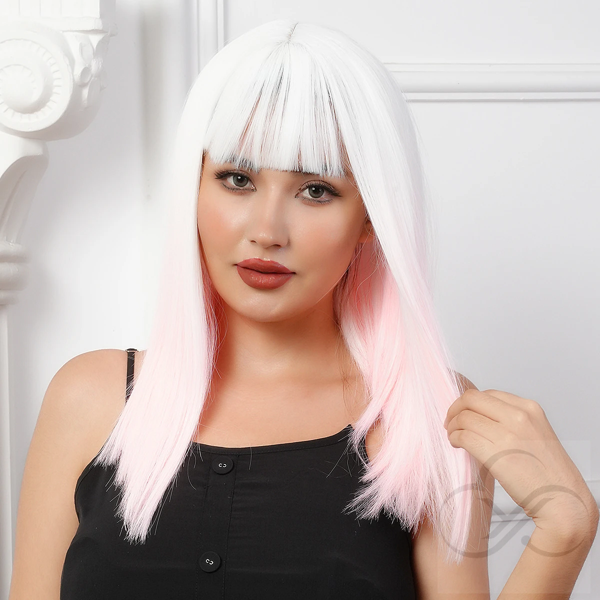 HD lace fronta glueless frontal pink and white long straight hair with bangs chemical fiber hair wig