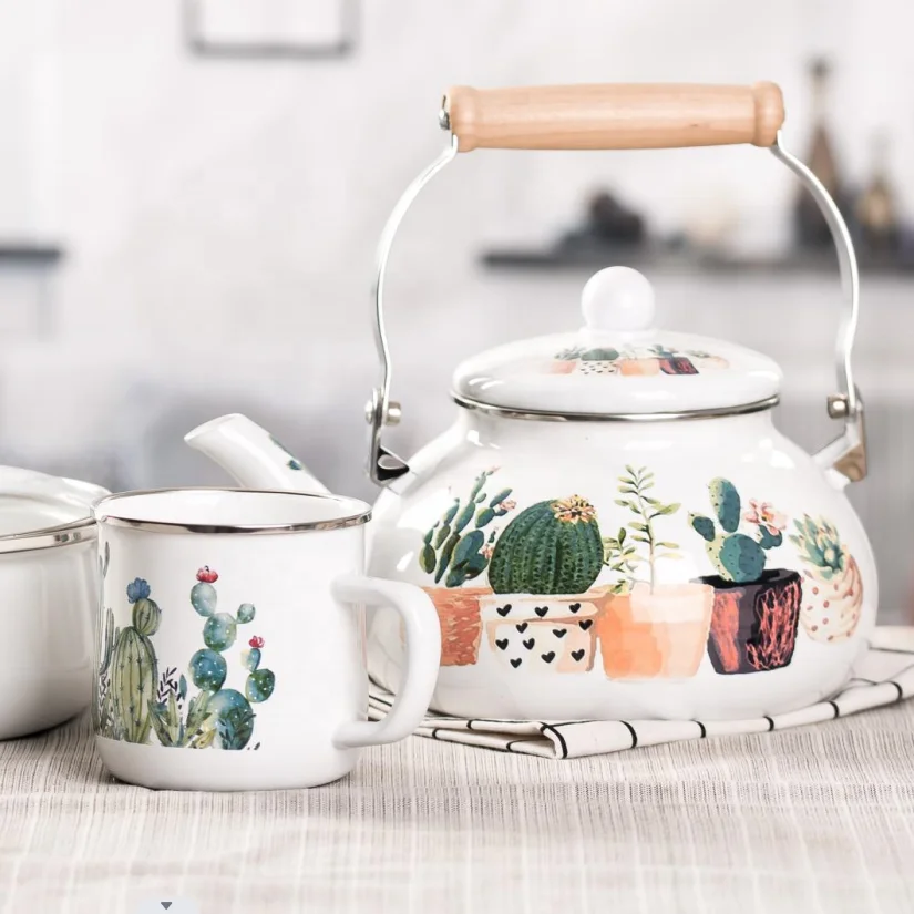 Производитель эмалированной посуды WUJO чашки с эмалью и открытым огнем чайник деревянной ручкой для чая кофе