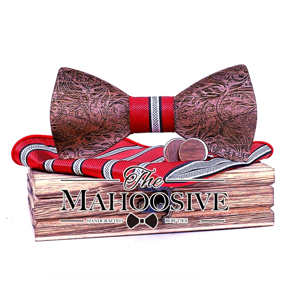 New design 3D Paisley Engraving business wedding tie suit formal dress mens bow ties wooden Engraved Butterfly Cravats Sets