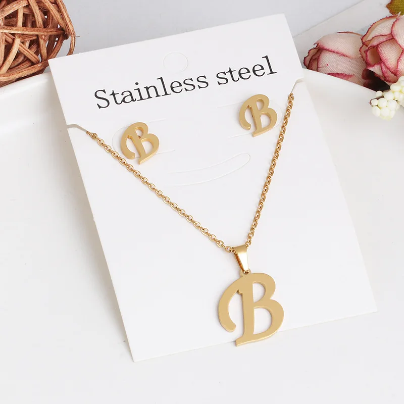 18 K Gold English letters A to Z Stainless Steel Pendant Clavicle Chain Necklace Earring Set
