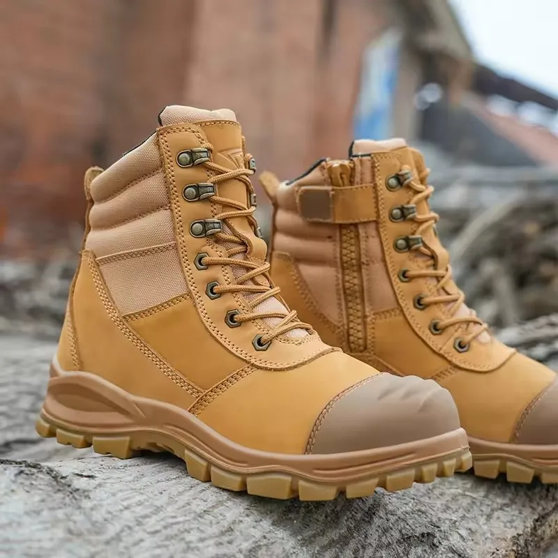 High ankle dark brown Crazy horse Leather mining work safety boots for men, drak brown safety boot have tpu toe