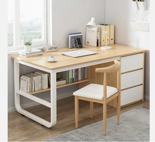 Modern Simple Wooden Writing Desk with Iron Computer Table and Drawer for Home Office Bedroom or Small Spaces